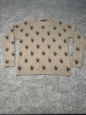 Skull Cashmere Taupe Crewneck Sweater with Black Skull Motif